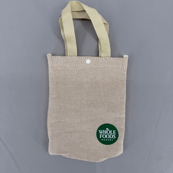 Whole Foods Market Handbags - Whole Foods Market Mini Canvas Tote Bag Beige Green Logo Snap Closure Reusable
